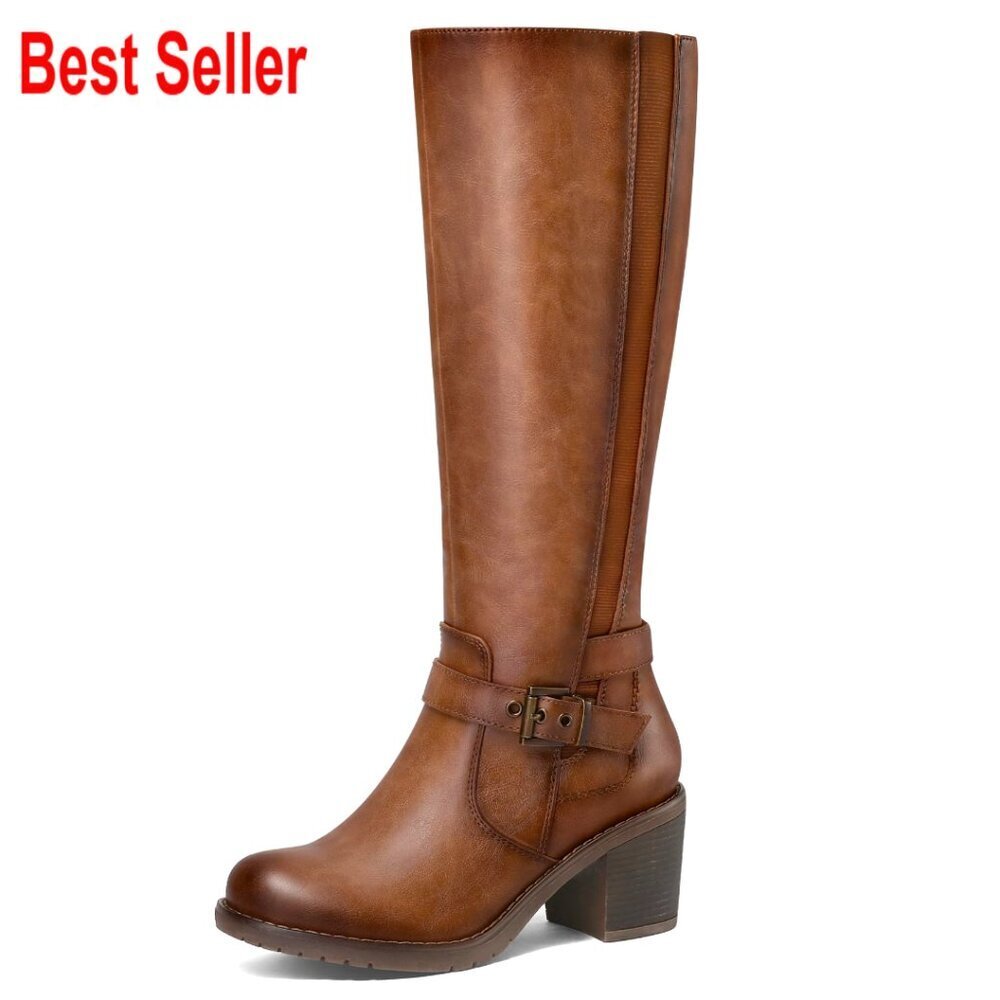 Knee High Block Heel Boots with PU Upper and Memory Foam Insole - Picture 1 of 7